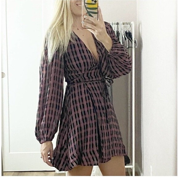 Ganni size EU 38 US 6 pink black Checked georgette mini wrap dress long sleeve - Picture 5 of 11